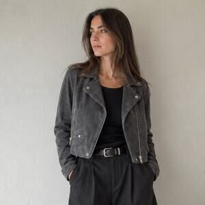 SL8 Blank NYC Gray Suede Leather Moto Biker Zip Cropped Jacket, size XS